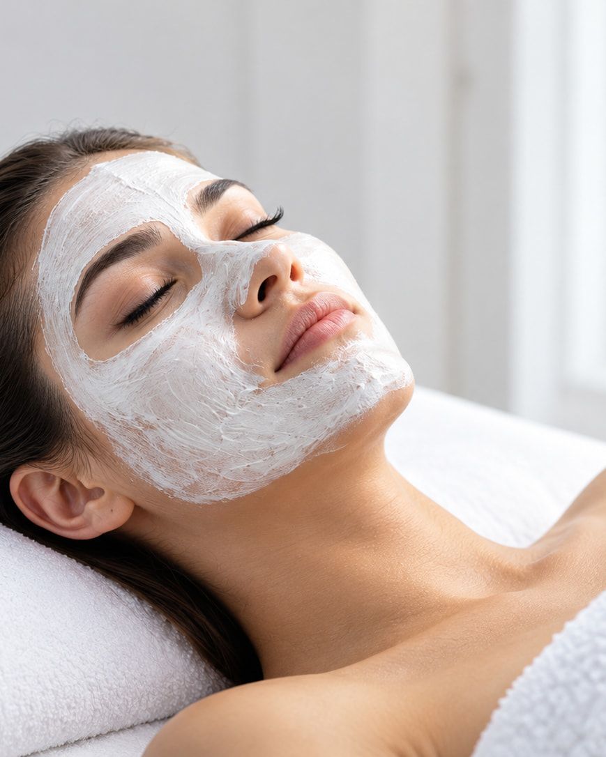 Mujer con una mascarilla facial descansando en una camilla